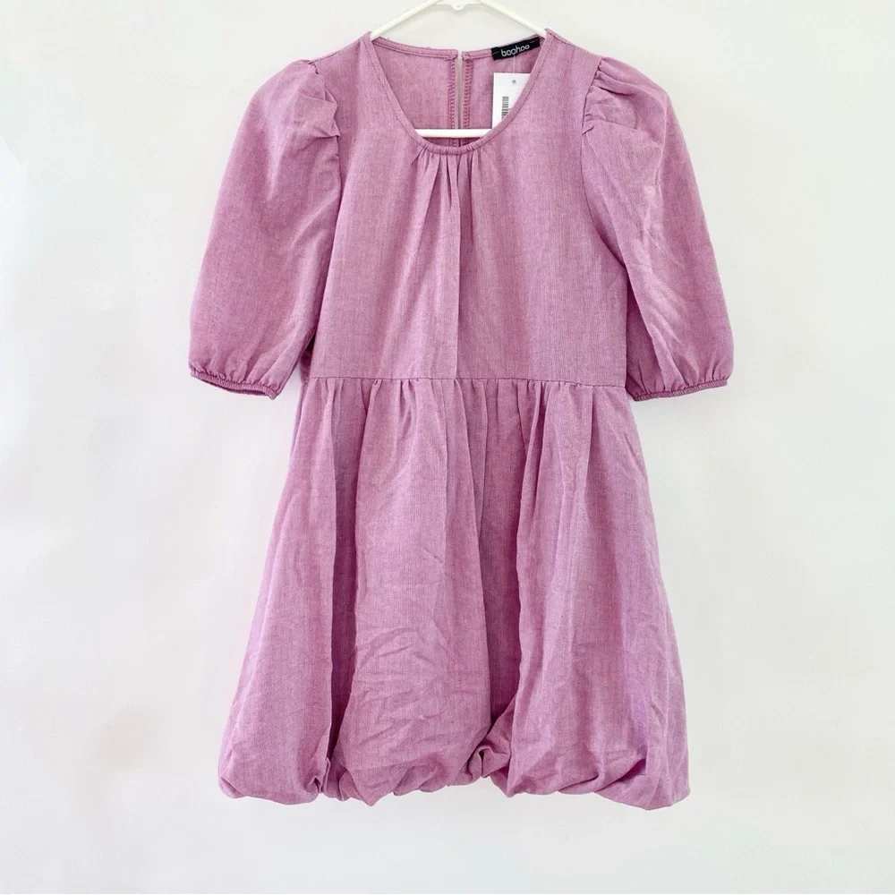 NWT Boohoo Puffball High Waist Mini Smock Dress Petite Purple 0 - Picture 2 of 12